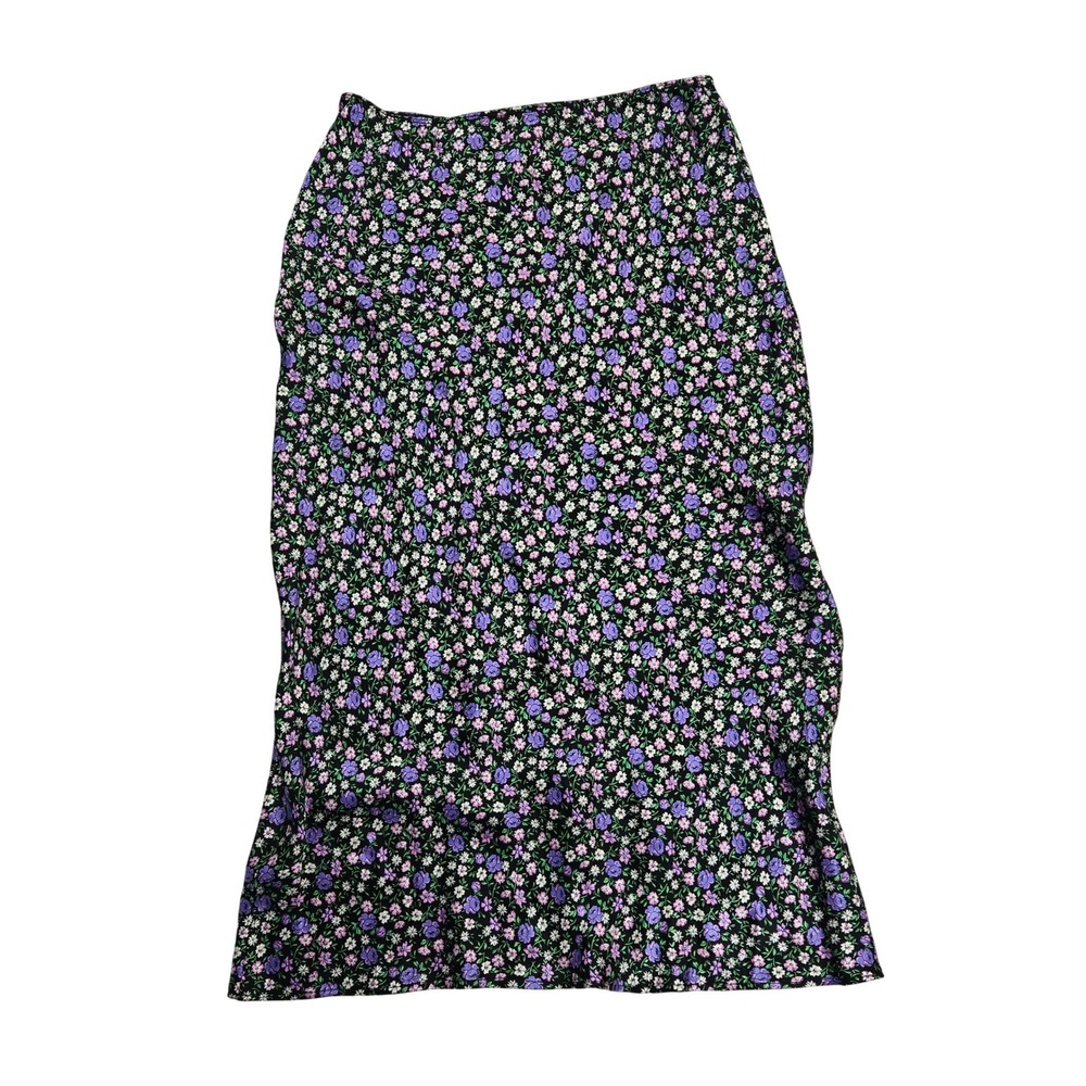Topshop Black Purple Floral Ditsy Viscose Midi Skirt US 8 UK 12 EUR 40 A-Line